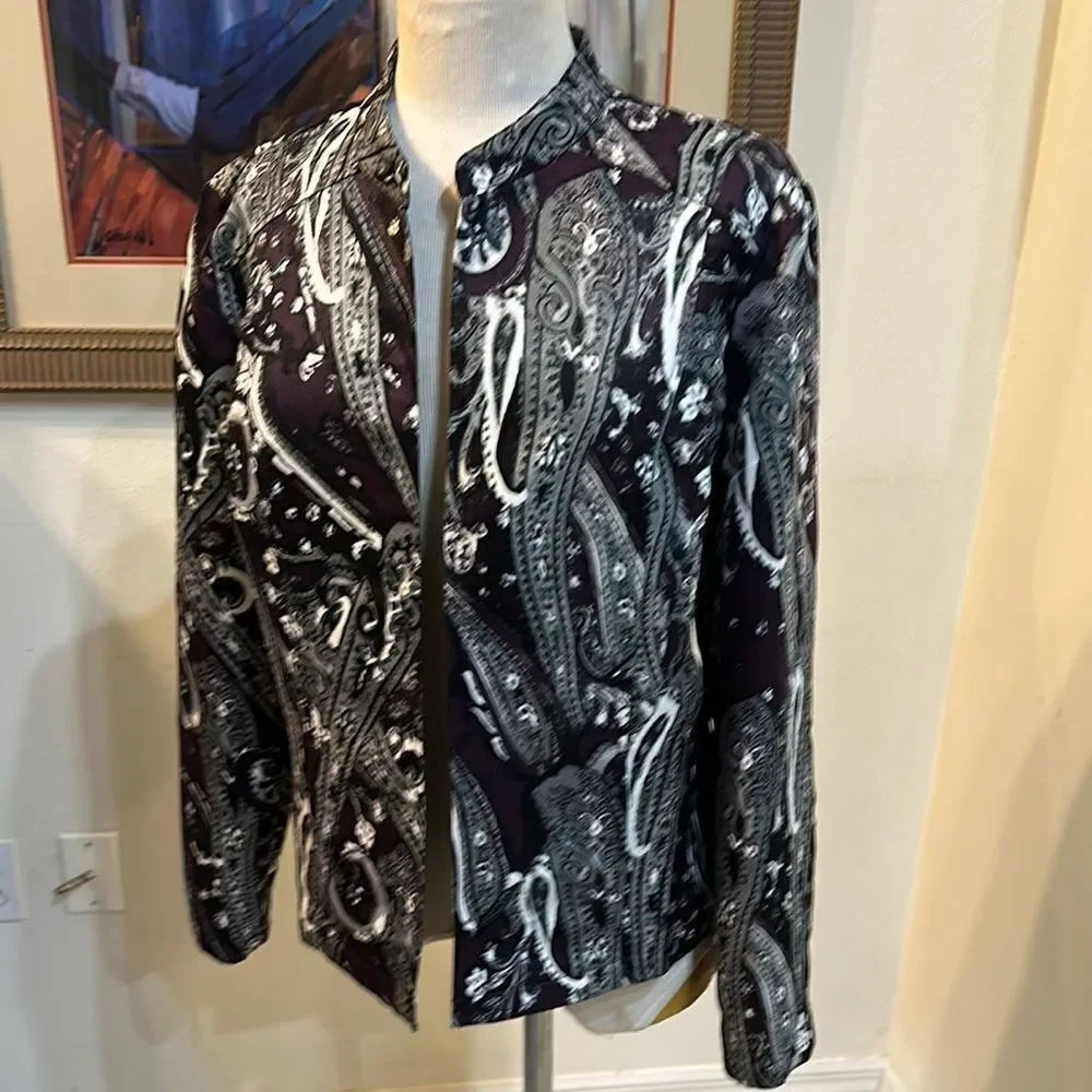 Chico's Burgundy/Black/White Paisley Pattern Jacket Size 2-Large